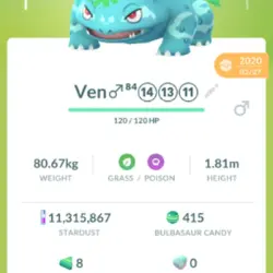 Super Rare Clone Venusaur Guranted Lucky From Year 2020 For Paid Trade Only 20k Stardust Needed To